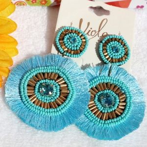 Boho Earrings Double Circle Drop Posts Blue Fringe